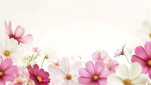 Pink and White Cosmos Flowers with Golden Centers Against Soft Cream Background.