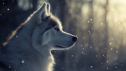 Lateral profile of winter-lit husky in shallow depth of field.