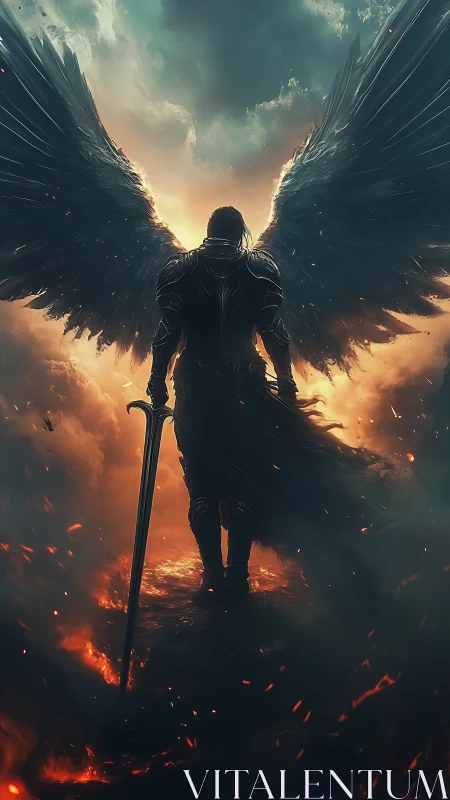 Armored dark angel stands over burning clouds with sword drawn