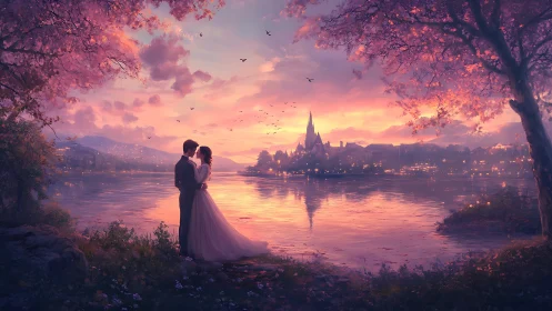 Couple Embracing at Sunset by Lake with Gothic Castle Silhouette