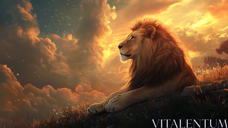 Majestic lion resting beneath blazing sunset clouds.