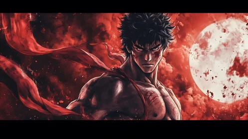 Blood‑red moon warrior stands defiant in swirling crimson storm