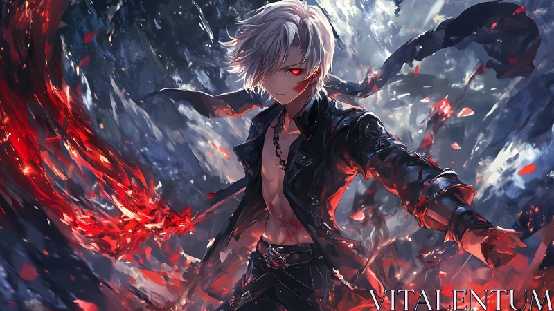 White-haired anime fighter channels red energy in dynamic vortex