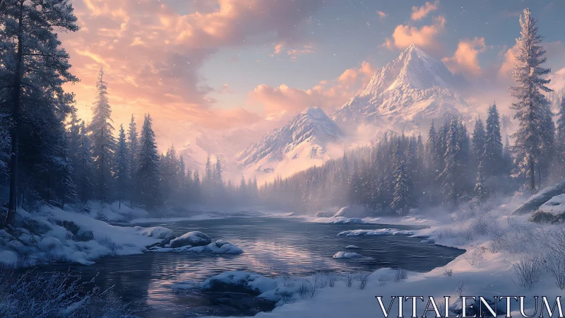 Snowy river valley glows beneath pastel sunrise sky.