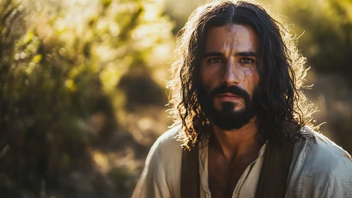 Sunlit bearded wanderer in contemplative outdoor portrait.