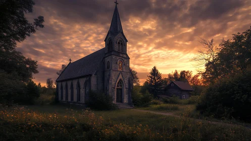 Gothic rural chapel at dusk with dramatic cloud structure.