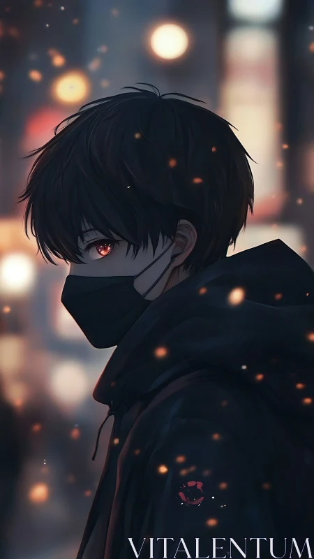 Masked anime youth in dark urban night scene profile view.