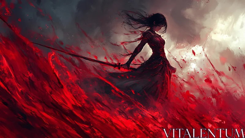 Sword-wielding woman stands in violent red stormscape.