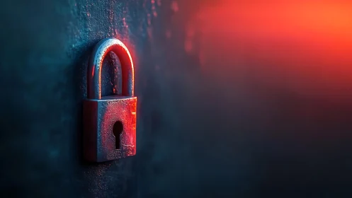 Steel padlock glows under red security warning light.