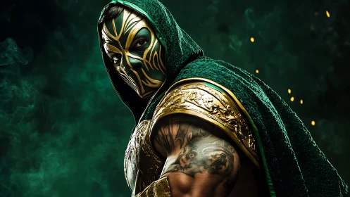 Emerald masked warrior turning toward a hidden destiny.