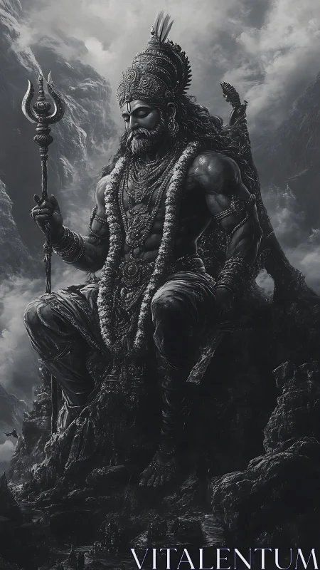 Majestic mountain deity seated in stormy grayscale calm.