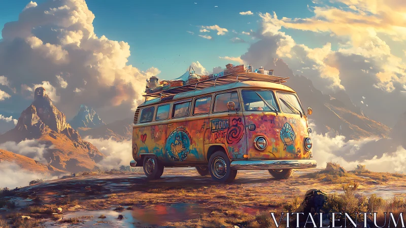 Vibrant camper van pauses above glowing cloud-wrapped peaks