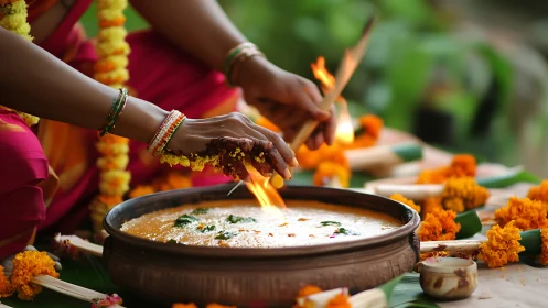 Warm ritual flames over fragrant flowers and offerings.