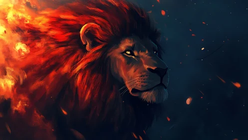 Incandescent lion profile in dual-tone atmospheric contrast.