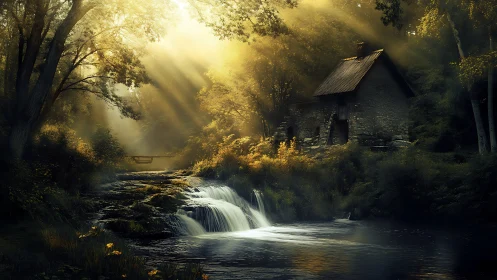 Sunlit forest cottage rests beside a gently cascading stream