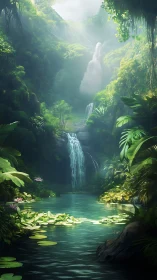 Hidden jungle lagoon with cascading waterfalls and lilies.
