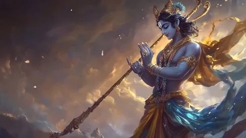 Divine blue-hued deity playing flute amid luminous storm clouds