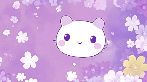 Anime pastel mascot head on floral lavender gradient field.