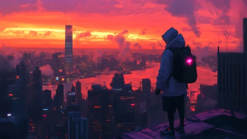 Hooded beacon over neon dusk skyline, scouting tomorrow’s glow.