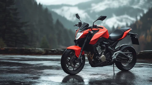 Red sport motorcycle parked on wet mountain roadside.
