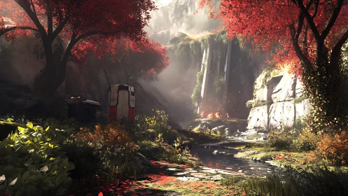 Futuristic refuge in lush red forest canyon waterfall.