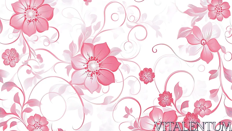Botanical Vector Ornament: Symmetrical Pink Floral Vines Scrollwork