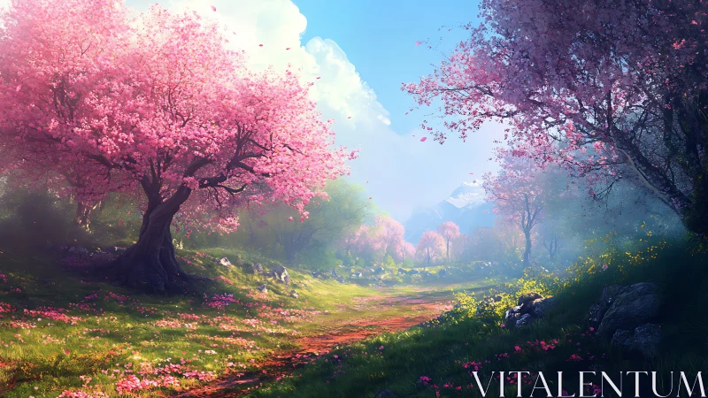 Blossoming cherry grove frames a tranquil spring valley path.