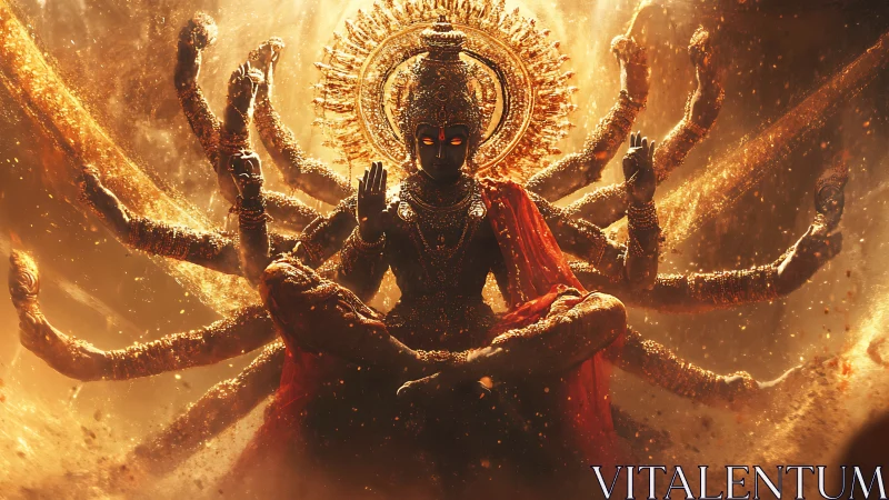 Digital painting of radiant multi-armed goddess in infernal aureole.