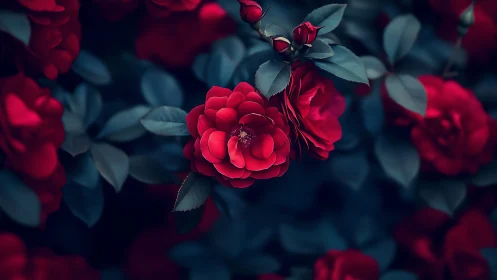 Deep Crimson Roses With Teal Foliage in Selective Focus Photography.