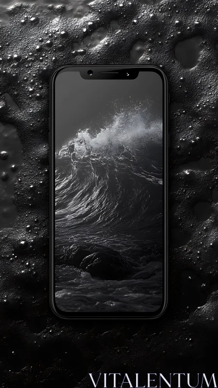 Tempest in the palm: dark ocean wave on sleek phone screen.