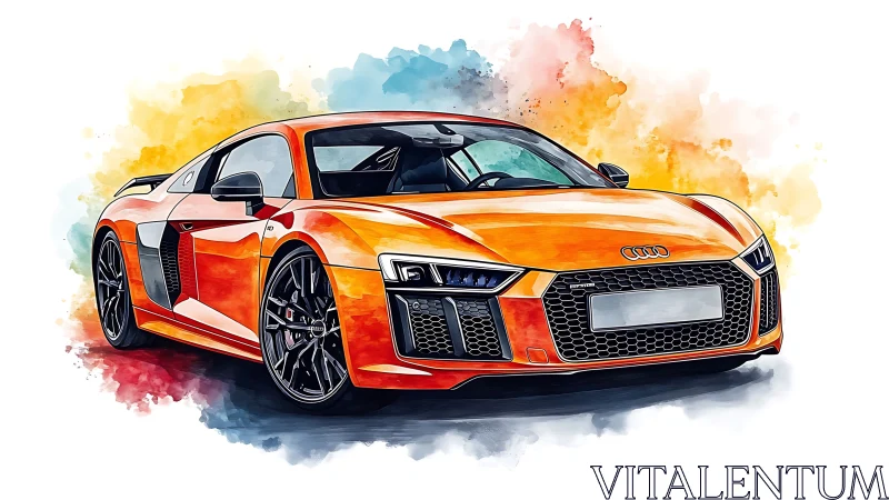 Orange Audi supercar rendered as high-contrast watercolor illustration