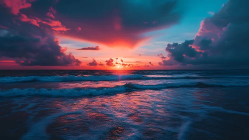 High-contrast ocean sunset with cyan-magenta color grading applied