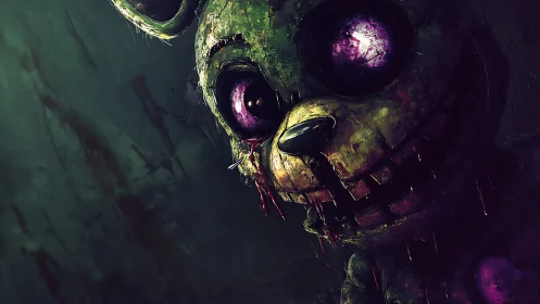 Rotting animatronic rabbit with glowing violet eyes, close-up.