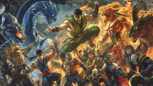 Legendary warriors clash amid roaring dragons and elemental fire