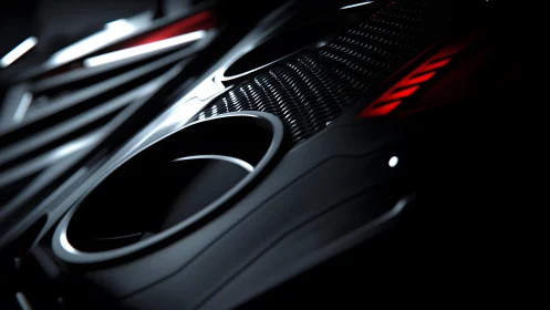 Futuristic sports car exhaust and taillights in dramatic lighting.