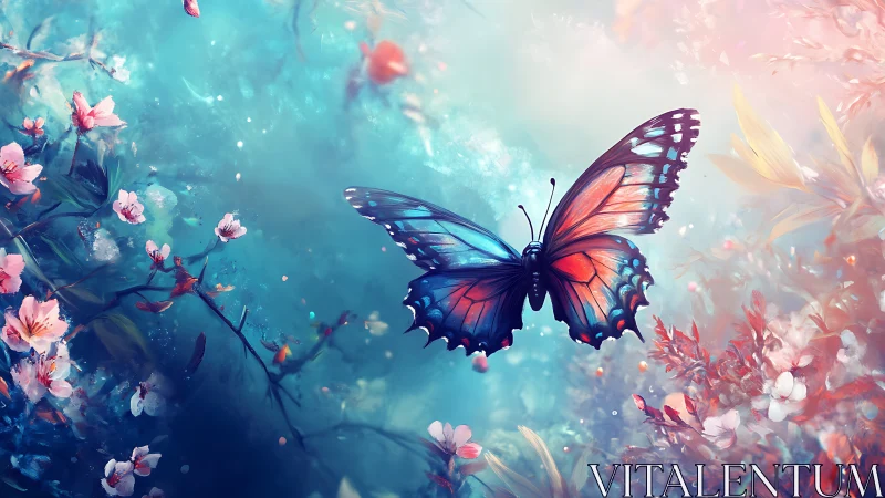 Bioluminescent butterfly hovers above ethereal floral habitat