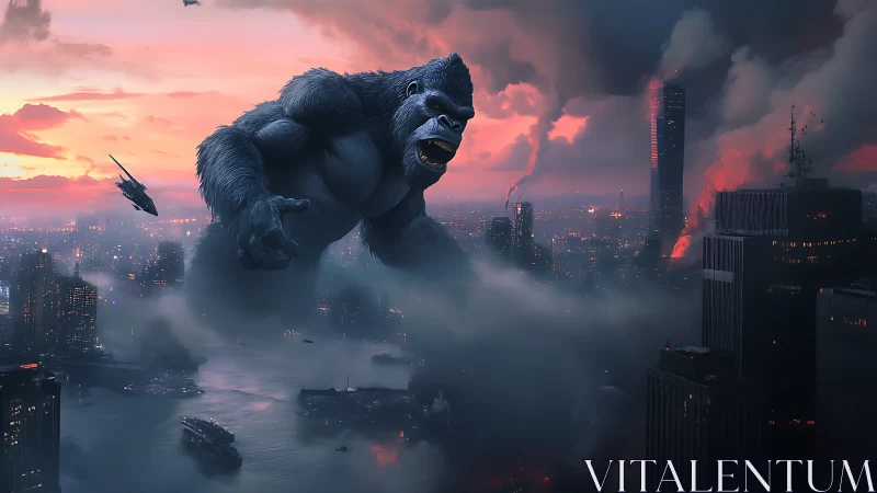 Giant gorilla figure occupies a dense urban skyline at dusk