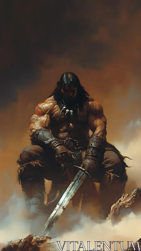 Brooding barbarian warrior resting with sword in misty ruins.