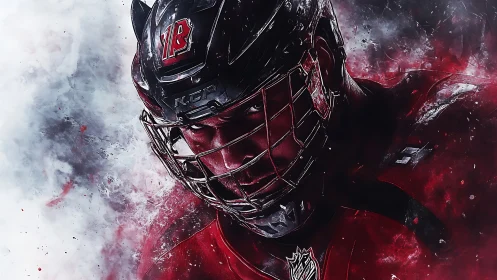 Ice hockey player portrait in red uniform and helmet.