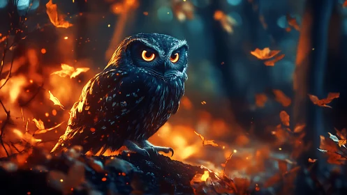 Owl with glowing eyes sits amid orange embers and falling leaves