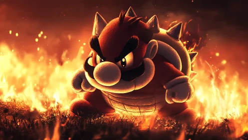 Volumetric-lit plush monster amid high-intensity procedural fire