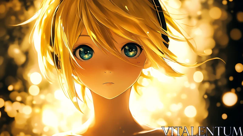 Anime portrait of blond character with bokeh light backdrop.