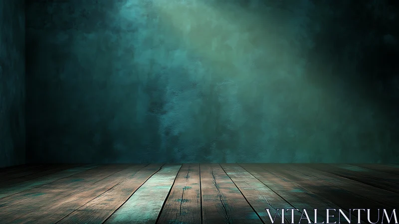 Textured teal wall with directional spotlight over wood planks.