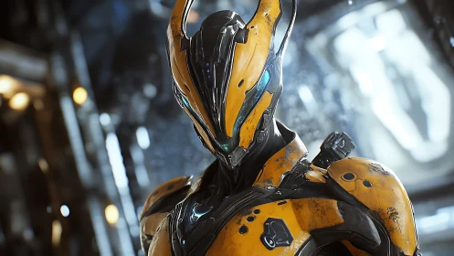 Parametric yellow exosuit android in high-specular hangar bay.