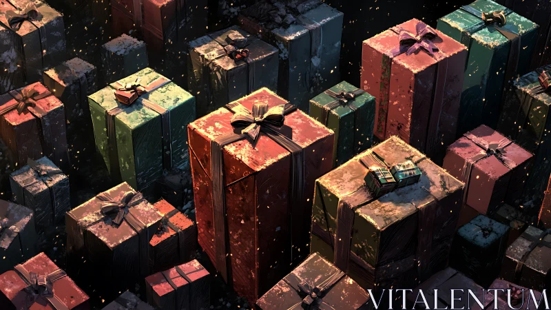 Stratified festive parcels in volumetric cinematic lighting.