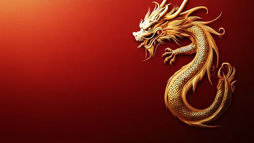 Golden dragon coils in crimson void, blazing with regal fire.