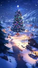 Snow-covered village square with illuminated holiday tree.