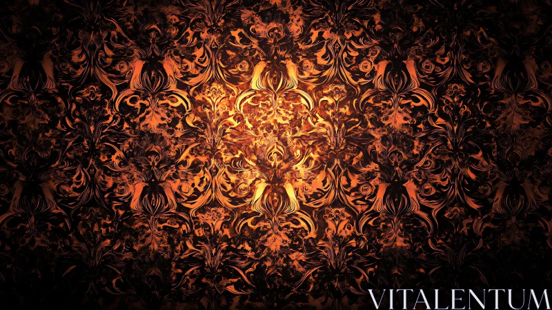 Glowing baroque flourishes bloom like embers in rich darkness