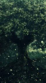 Enchanted forest tree glowing softly in drifting twilight.