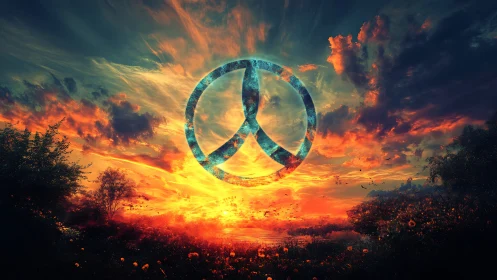 Glowing peace symbol rises over a surreal fiery sunset sky